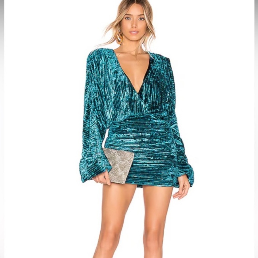 NBD Revolve illusion Teal crushed Velvet Mini Dress